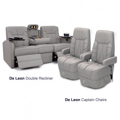 Qualitex Chariot 3-Piece RV Furniture Package, 2 De Leon RV Captain Chairs, Manual Lumbar, 1 De Leon Power RV Double Recliner, Ultimate Leather, Cloud Gray