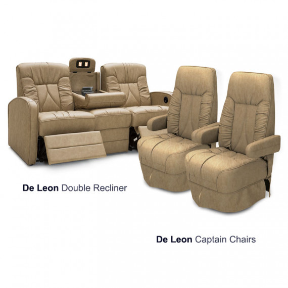 Qualitex Chariot 3-Piece RV Furniture Package, 2 De Leon RV Captain Chairs, Manual Lumbar, 1 De Leon Power RV Double Recliner, Ultimate Leather, Fawn