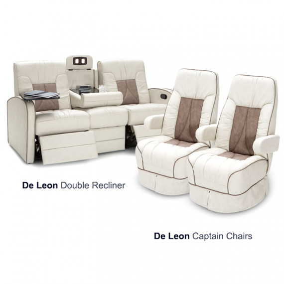 Qualitex Chariot 3-Piece RV Furniture Package, 2 De Leon RV Captain Chairs, Manual Lumbar, 1 De Leon Manual RV Double Recliner, Ultimate Leather, Macadamia & Desert Taupe