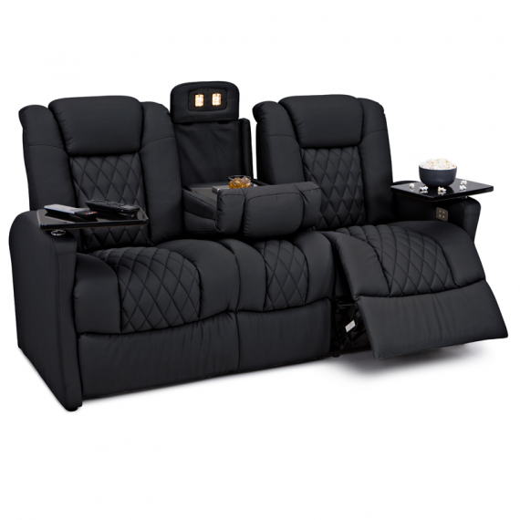 Qualitex Monument RV Double Recliner Sofa, Ultimate Leather, Power Recline, Midnight Black